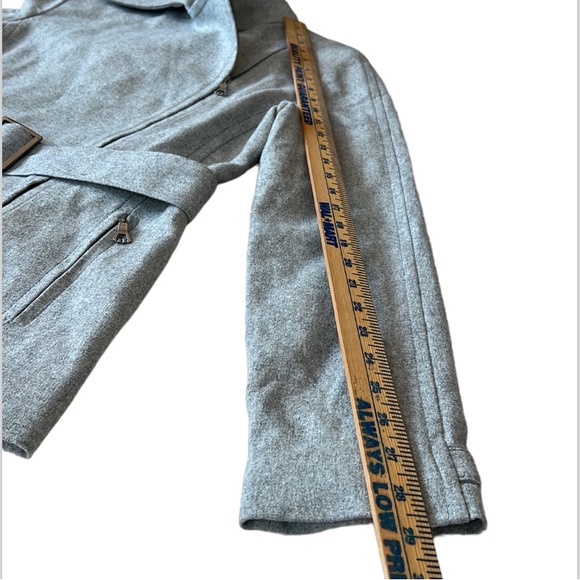 MNG Wool Blend Moto Zip Up Belted Jacket Gray Quilted Satin Lining Size US Small - Picture 7 of 16